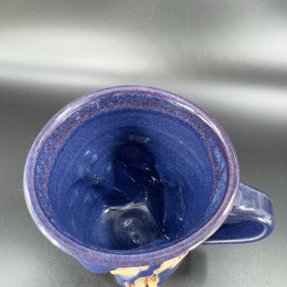 Hand Made Abstract Coffee Mug Cup Cobalt Blue Pottery Mug Artist Signed Bottom - Picture 7 of 16
